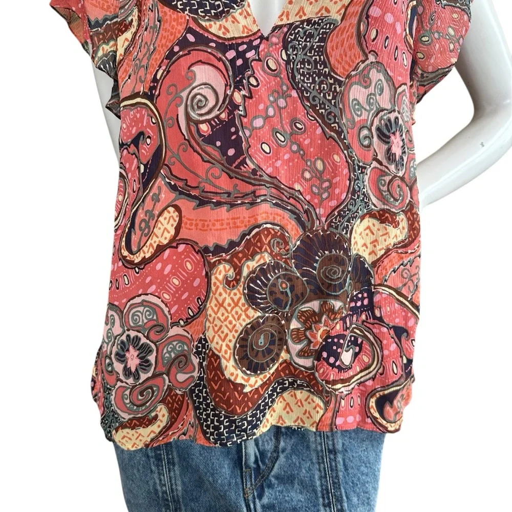 A.L.C. “June” Orange & Pink Paisley Floral 100% Silk Short Flutter Sleeve Top 10 - Picture 4 of 10